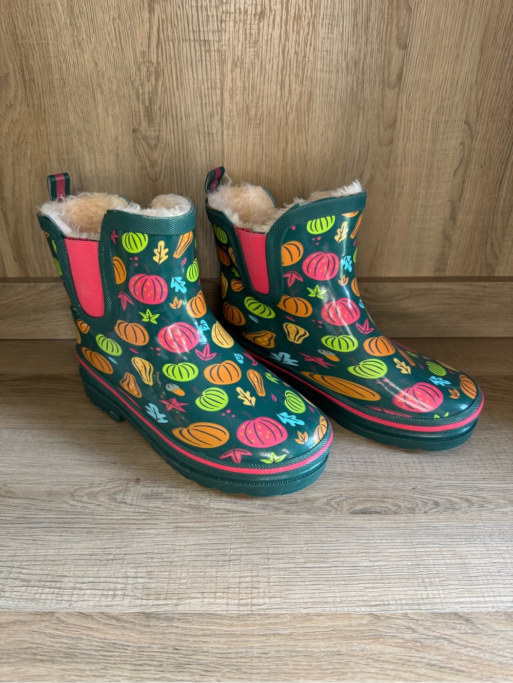 Lily & Dan Childrens Rain Boots SZ 13/1 Pumpkin Leaves Waterproof Faux Fur Linin